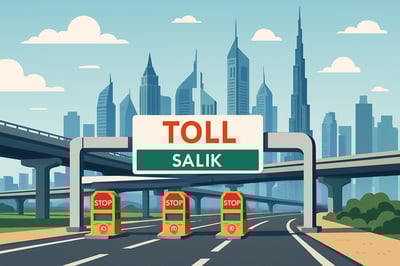 Dubai toll road system with city skyline in the background Dubai toll road system with city skyline in the background